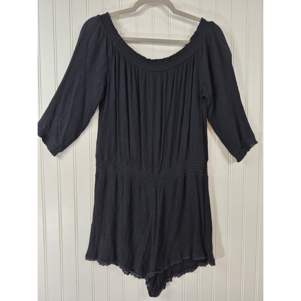 Aerie Women Black Crinkle Gauze Romper Smocked Waist Lace Trim 3/4 Sleeve Large
